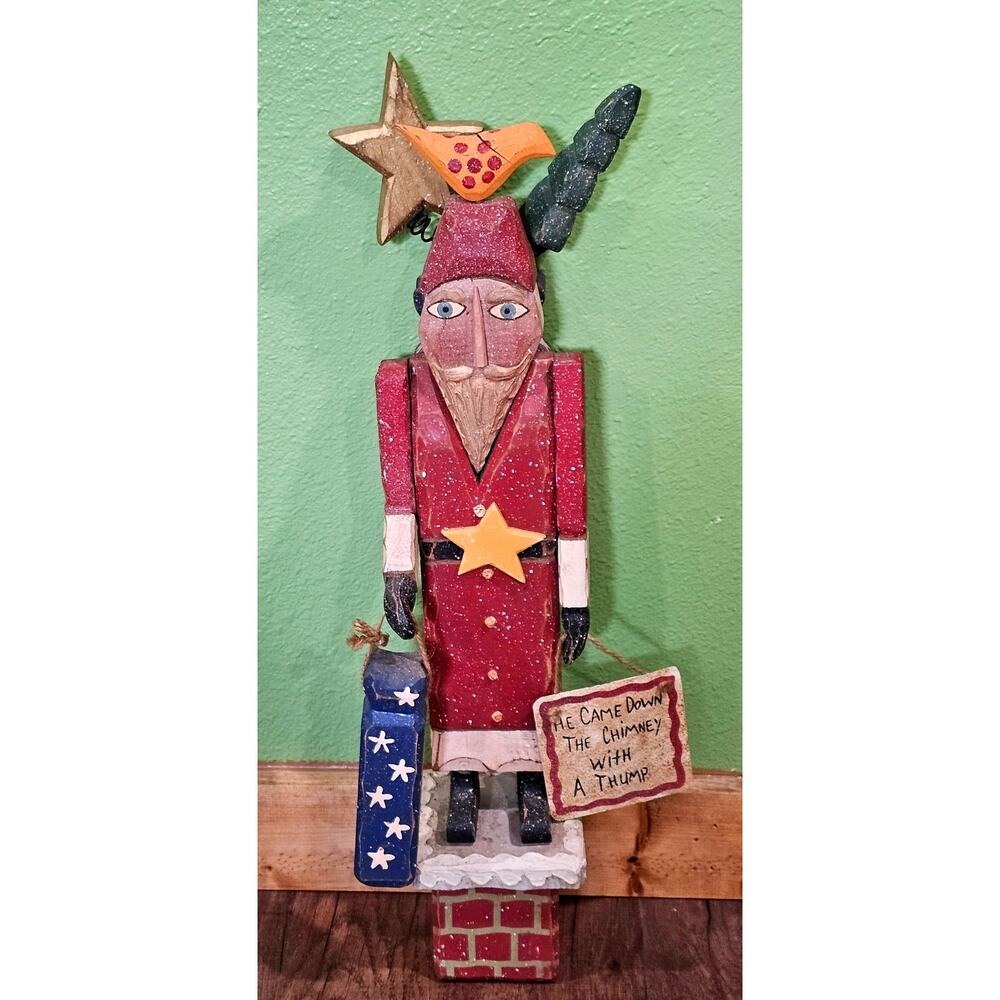 Vintage Hand Carved Folk Art Wooden Santa 23 Inch